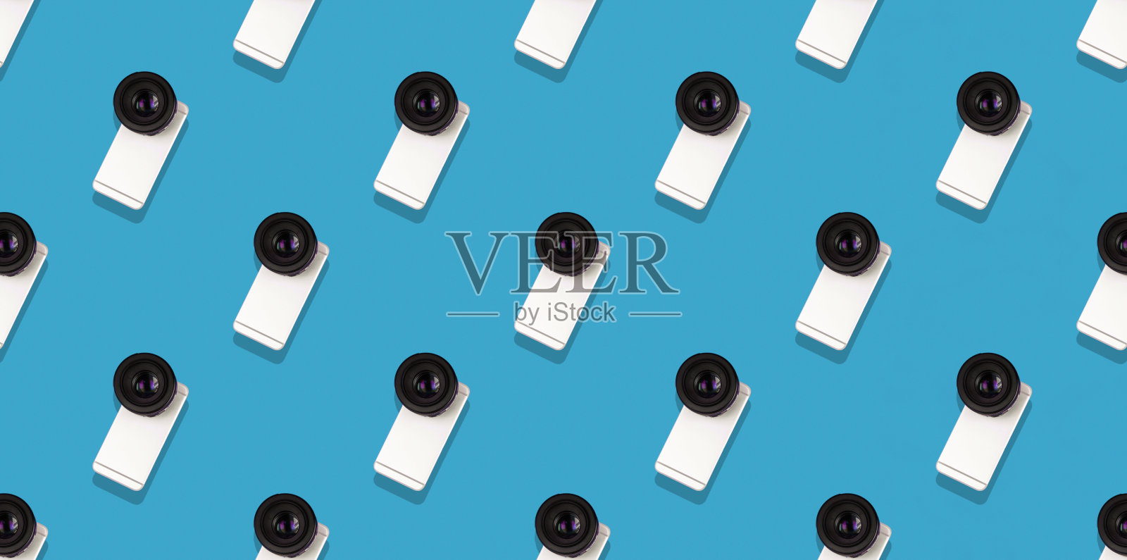 无缝平面图案，智能手机与一个大相机从单反，最小的概念，横幅抽象时尚照片摄影图片