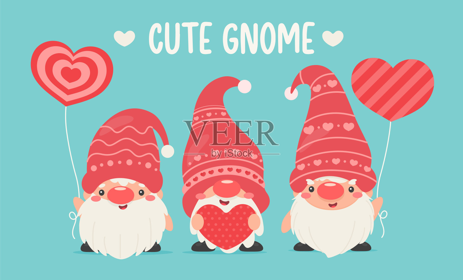 小矮人或地精拿着粉色的心形气球。情人节贺卡设计元素图片