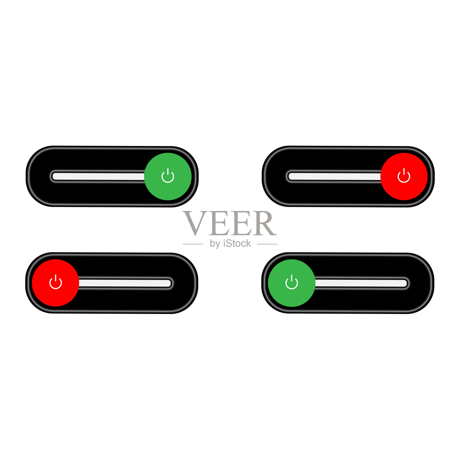 一组4开/关开关切换-滑块风格的电源按钮，黑色背景中有闪亮的黑色阴影霓虹灯按钮，开按钮被围在绿色圆圈中，关按钮被围在红色圆圈中，在软白色背景中设计元素图片