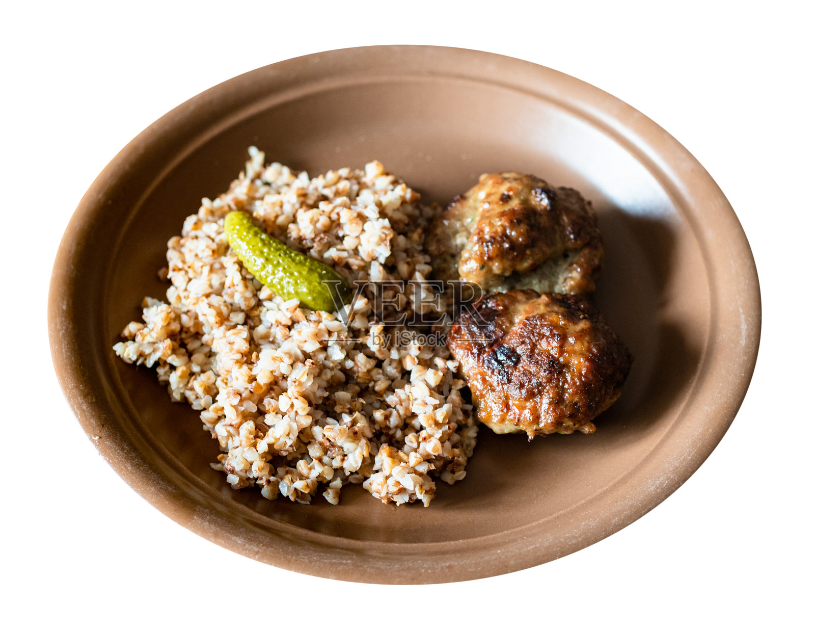 把科特莱塔和荞麦配菜切掉照片摄影图片