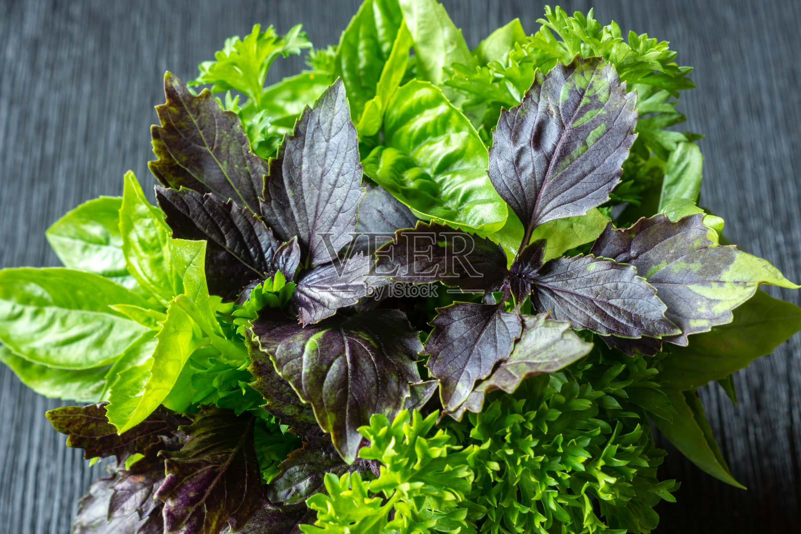 木桌上放一束绿色和紫色的罗勒和卷曲的欧芹照片摄影图片