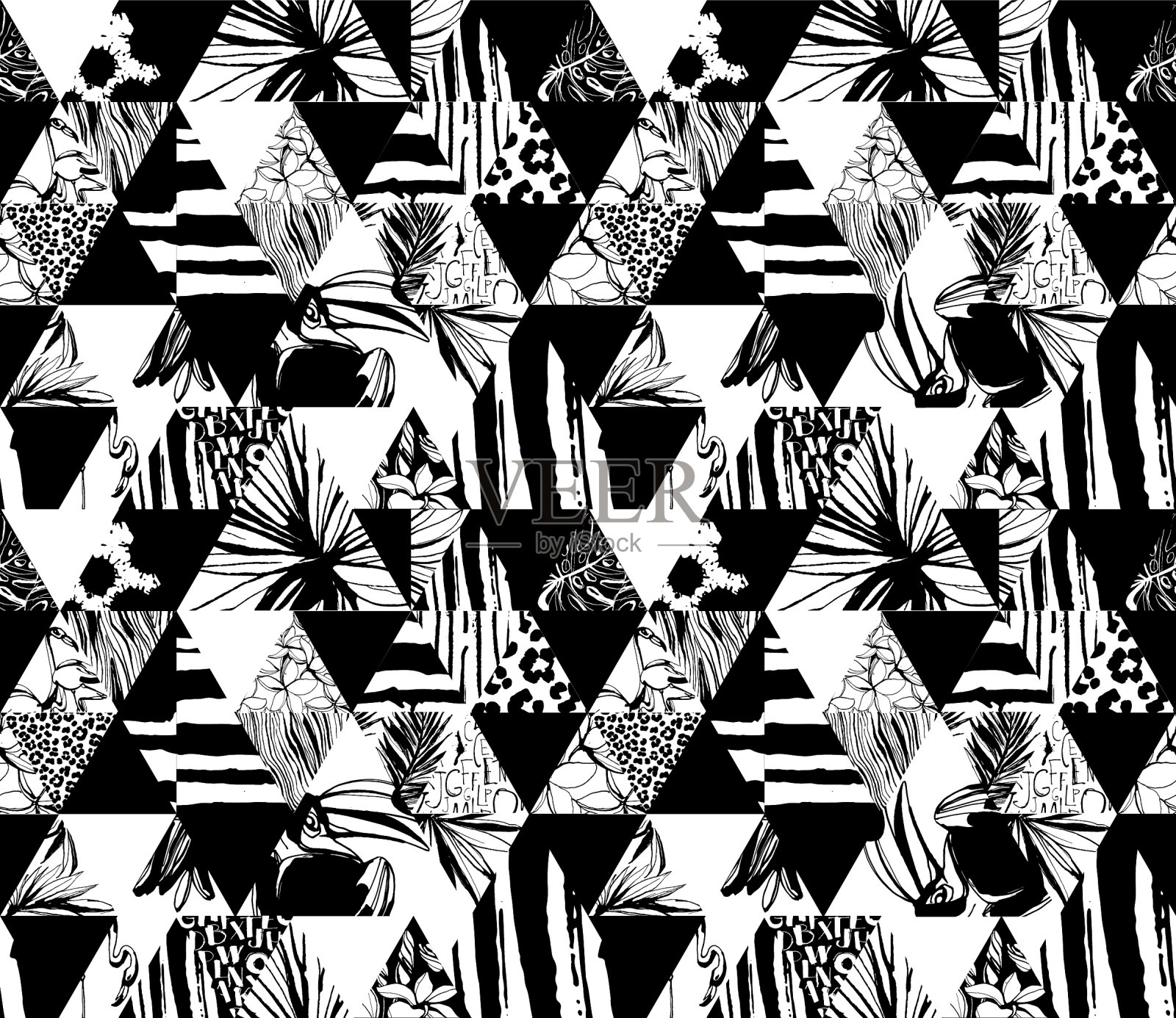 无缝图案的热带鸟类、棕榈树、花朵插画图片素材