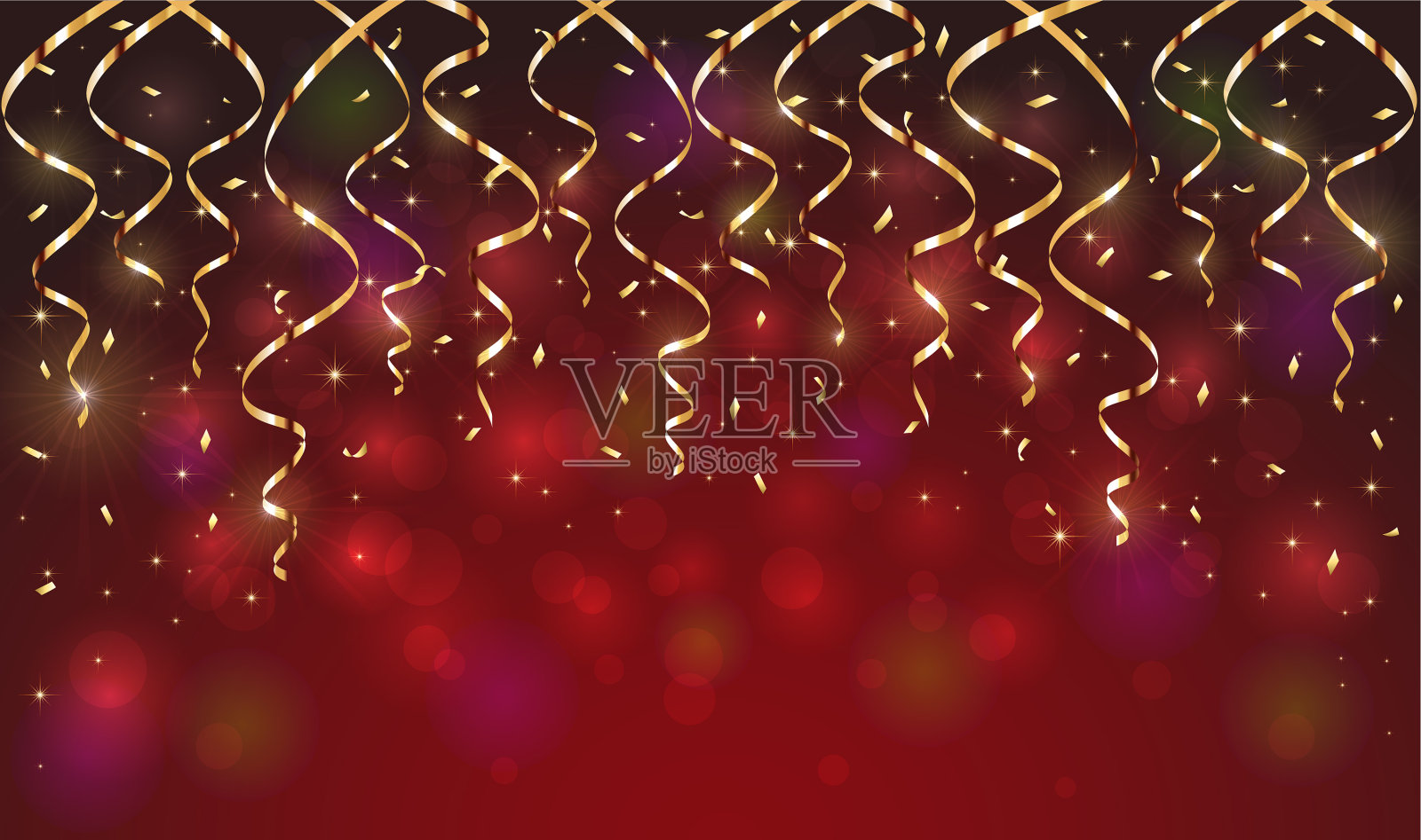 红色闪耀的节日彩带和五彩纸屑插画图片素材