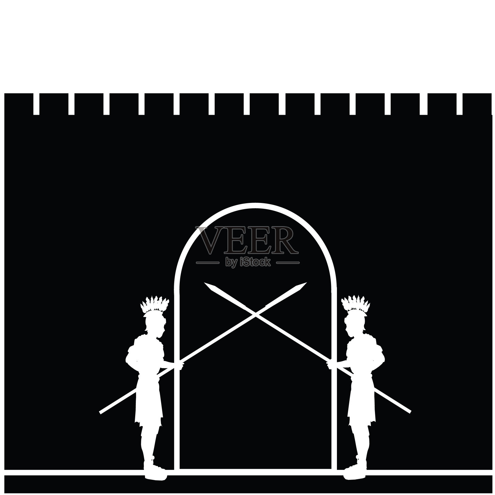 罗马士兵封锁了耶路撒冷古城的大门出口。这些人物穿着罗马帝国的军装。白色背景上的黑色剪影。插画图片素材