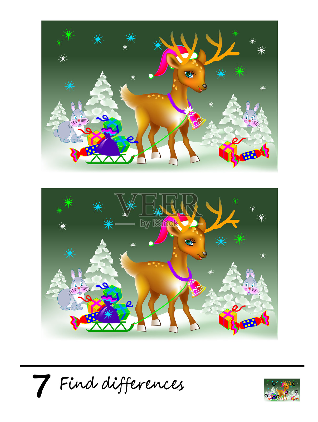 找出7个不同的儿童逻辑益智游戏插画图片素材