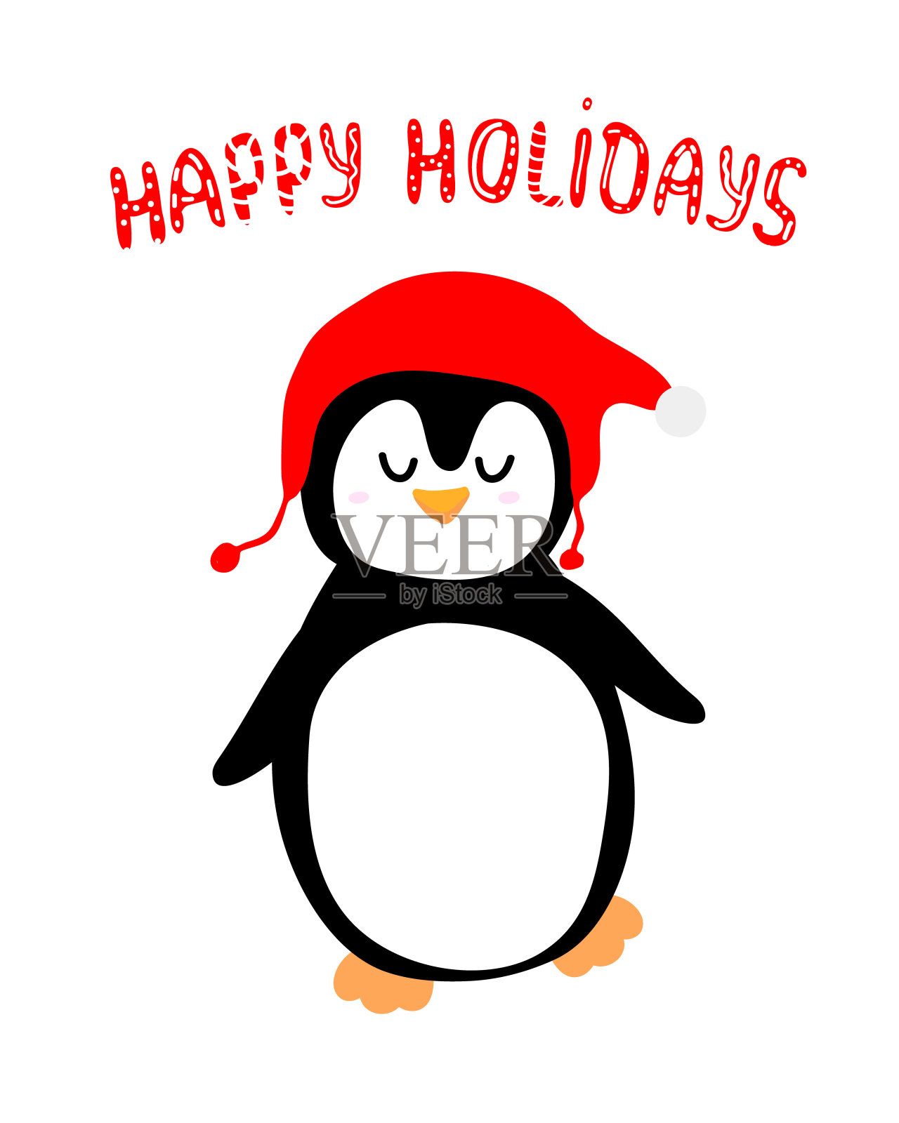 可爱的贺卡与梦想跳舞企鹅针织红帽在卡通风格。与节日快乐的文本。白色背景。向量插画图片素材