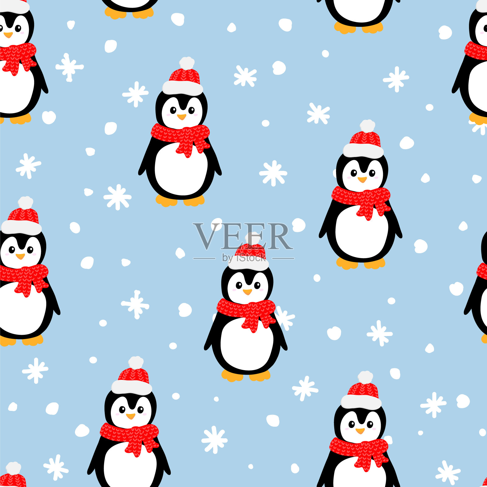 无缝图案与可爱的企鹅在红色的头和围巾，在蓝色的背景。适用于包装、纺织、织物。向量插画图片素材