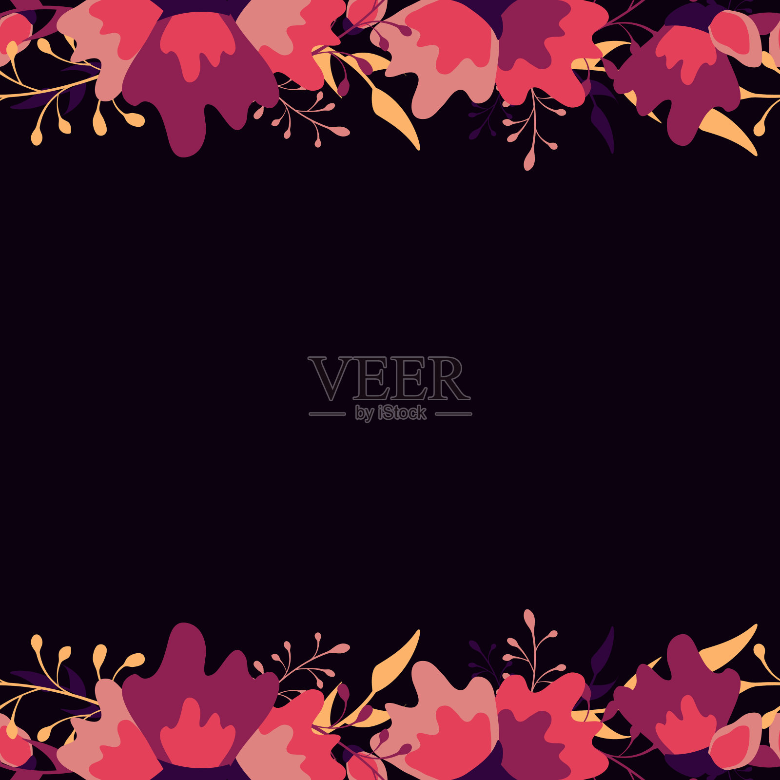 向量背景与粉红色和紫色的花在黑色的背景;用于贺卡、请柬、海报、横幅。插画图片素材