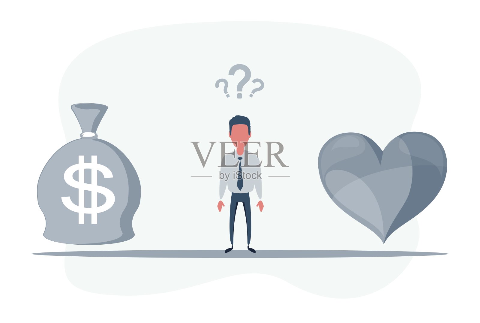 站在心和钱袋之间的男人。工作与生活平衡的理念。商人站在跷跷板上插画图片素材