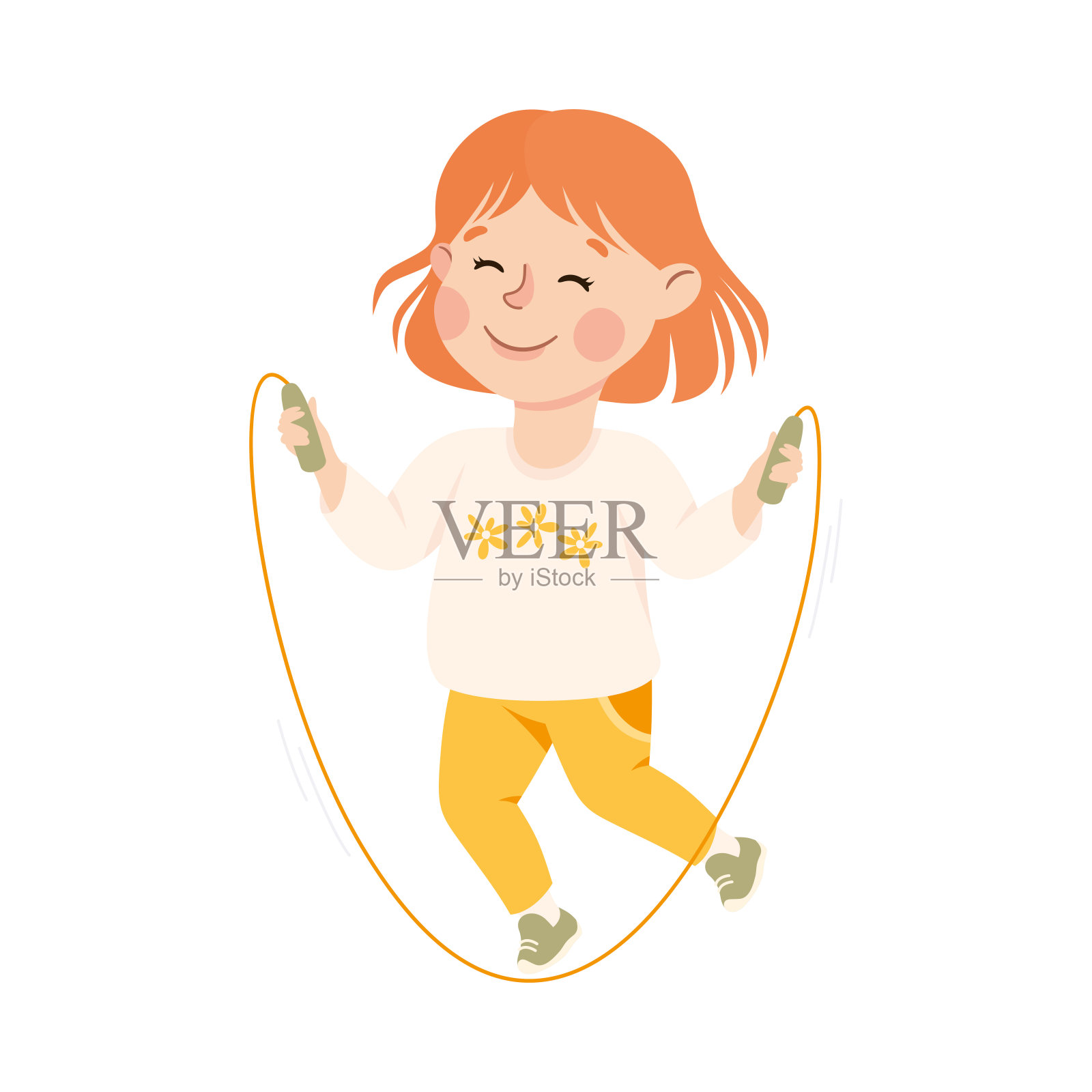 可爱的女孩跳绳，孩子做运动，积极健康的生活方式概念卡通风格矢量插图插画图片素材