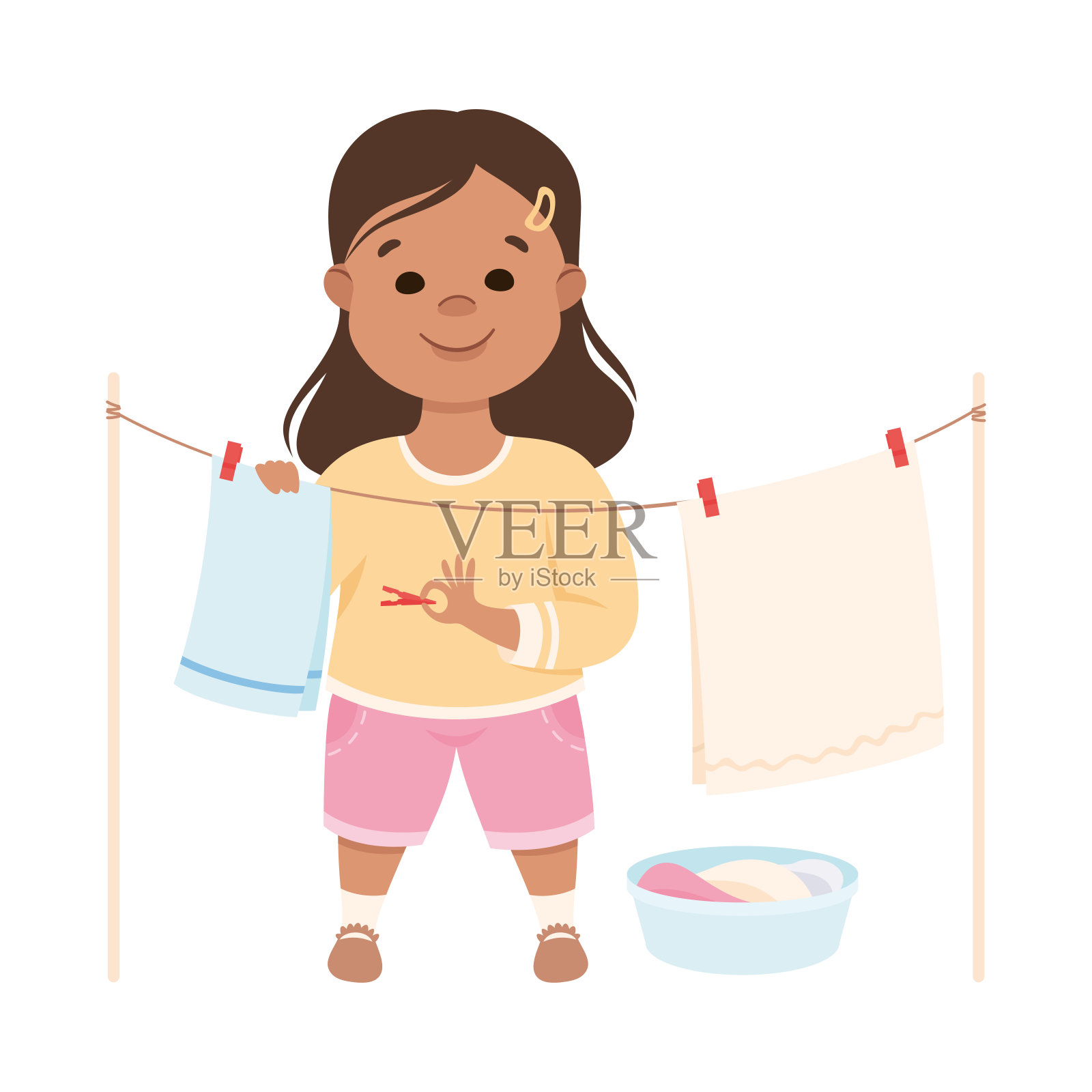 可爱的女孩晾衣服，孩子帮助她的父母做家务或做家务卡通风格矢量插图插画图片素材