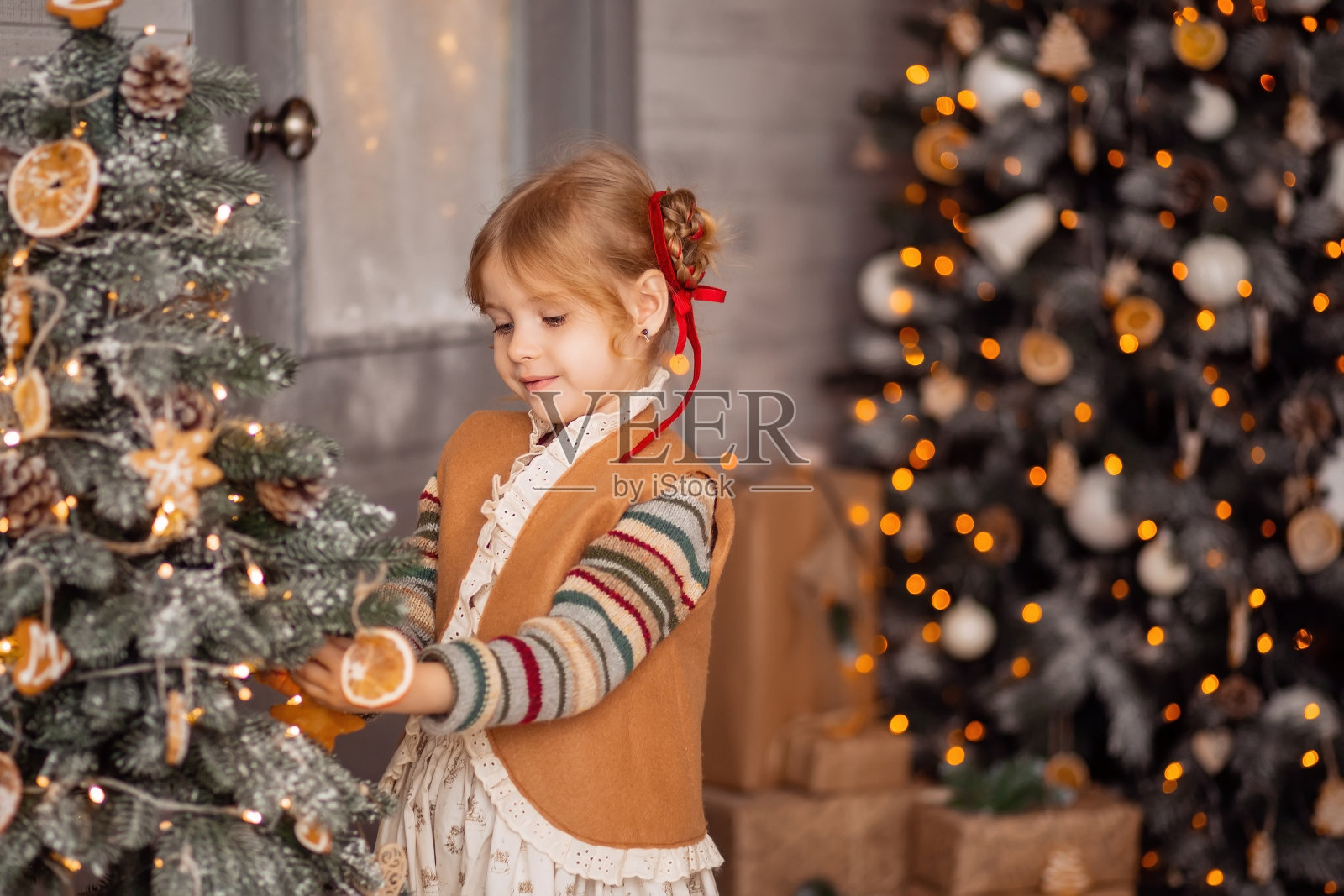 快乐的金发小女孩穿着斯堪的纳维亚的衣服，摘着橘子，准备过一个快乐的圣诞节和新年。照片摄影图片