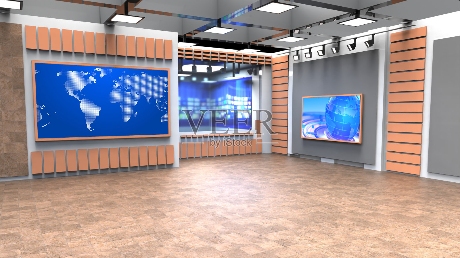 3D虚拟新闻工作室背景，3D插图照片摄影图片