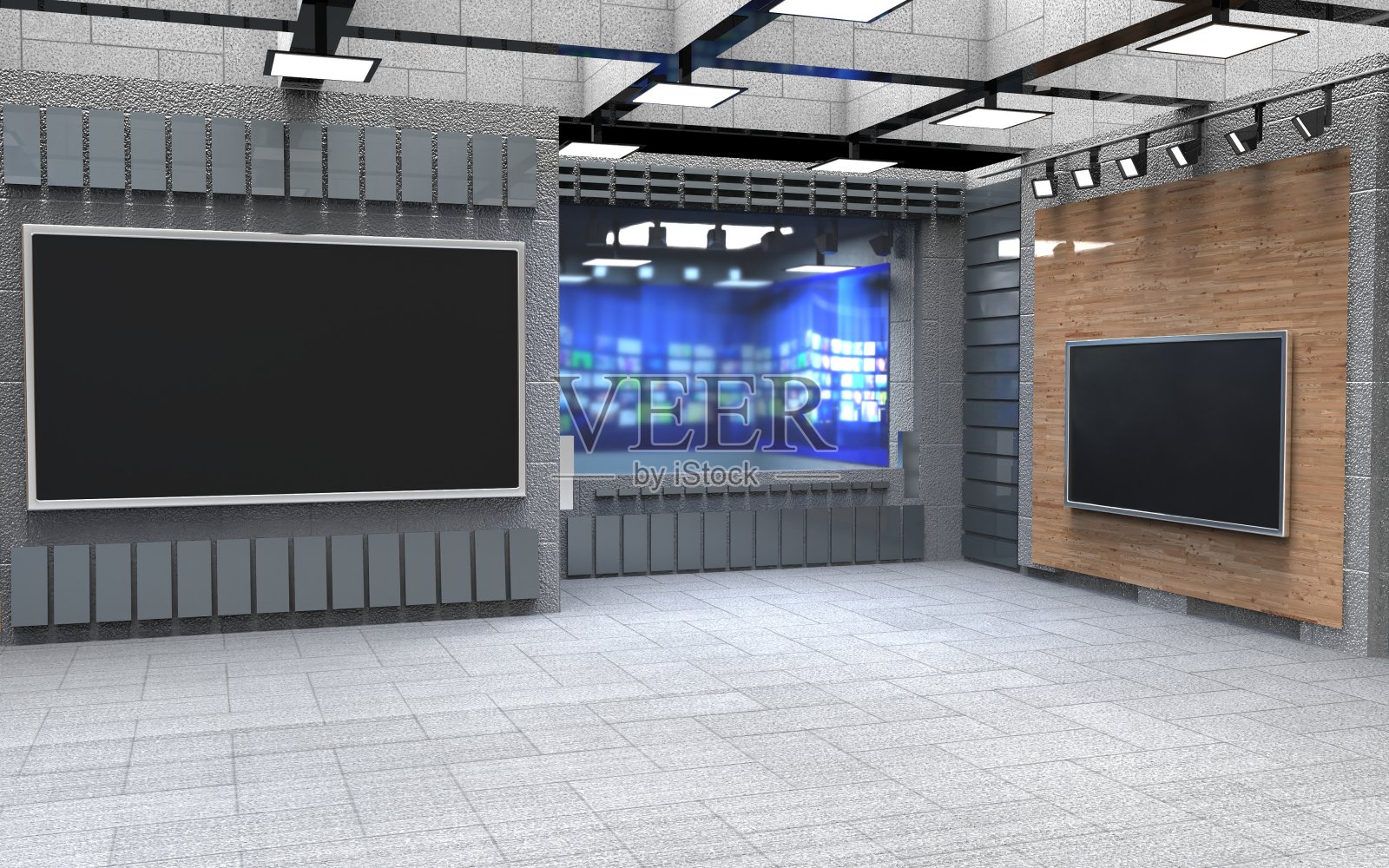 3D虚拟新闻工作室背景，3D插图照片摄影图片