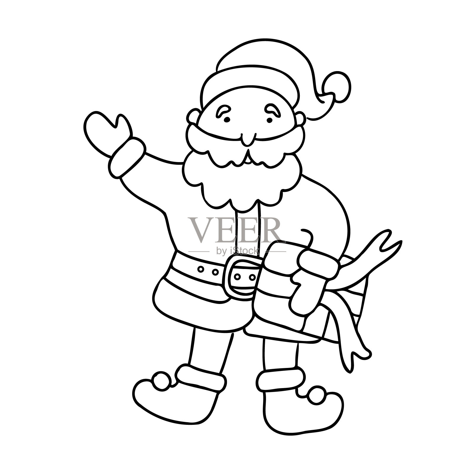 可爱的圣诞老人与一个涂鸦素描风格的礼盒。矢量插图。孤立的黑色的轮廓。非常适合圣诞贺卡的设计。插画图片素材