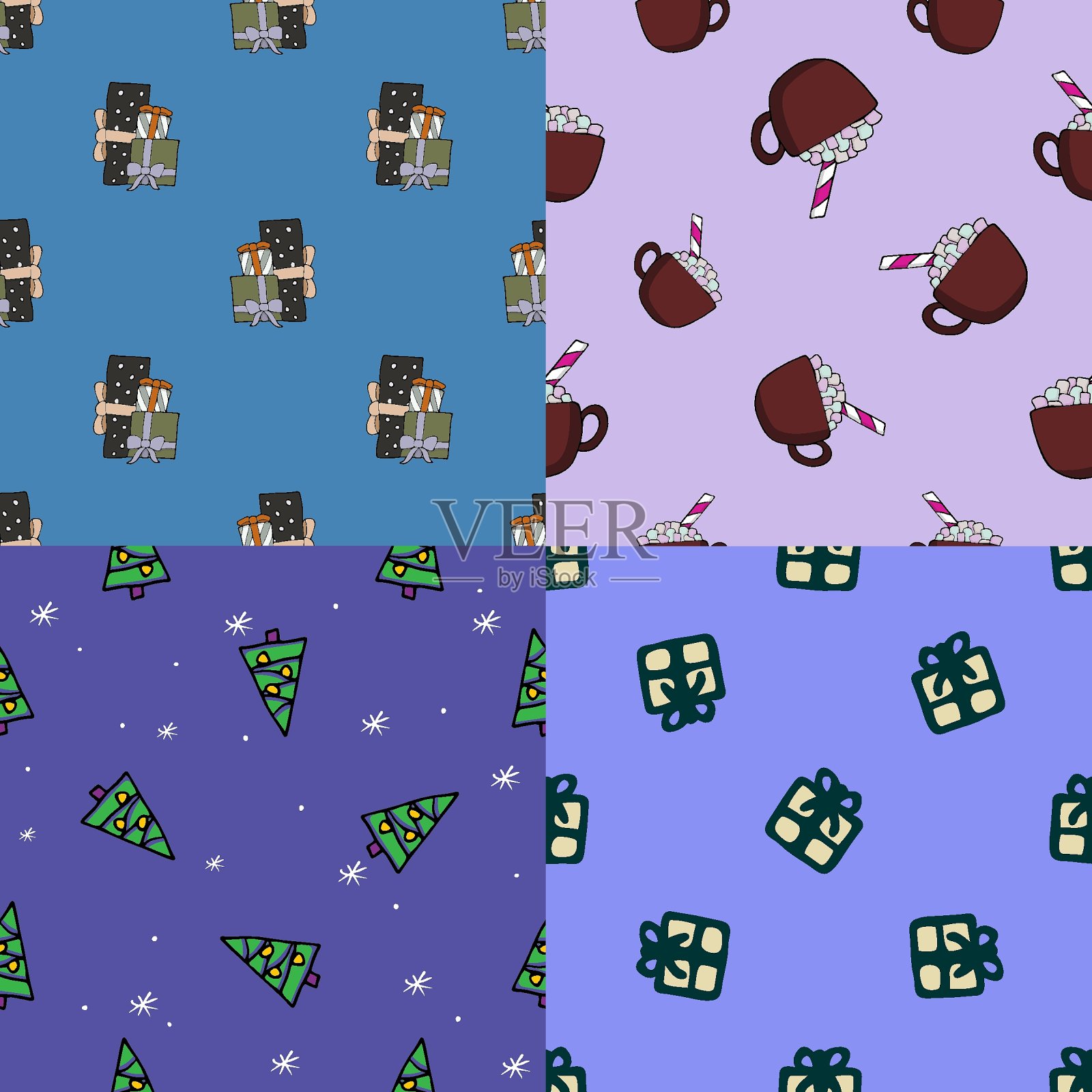 手绘无缝图案收集。矢量新年纹理隔离在彩色背景。适用于墙纸、包装、海报、卡片等设计。插画图片素材