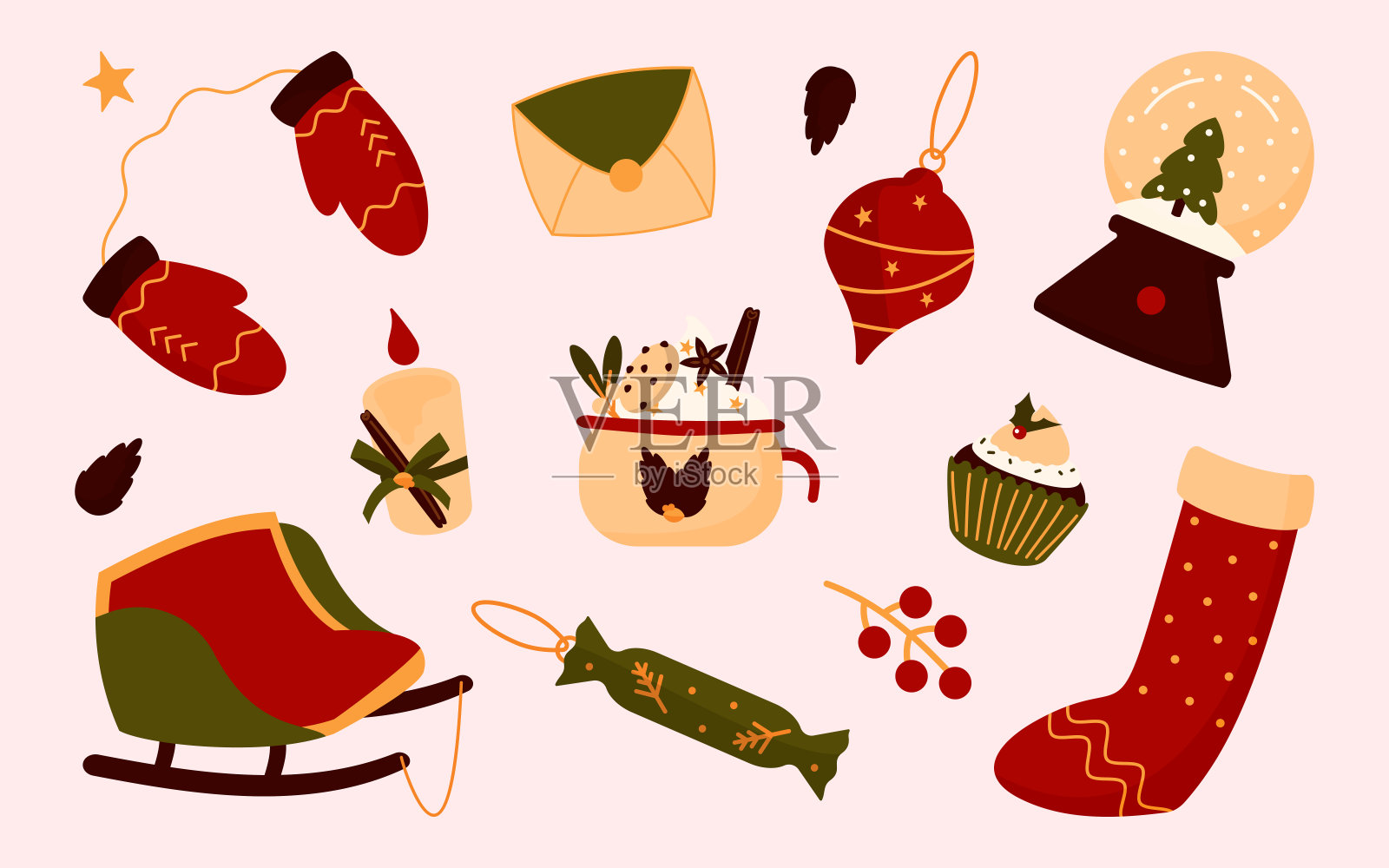 圣诞手套冷杉雪球马克杯平面向量集插画图片素材