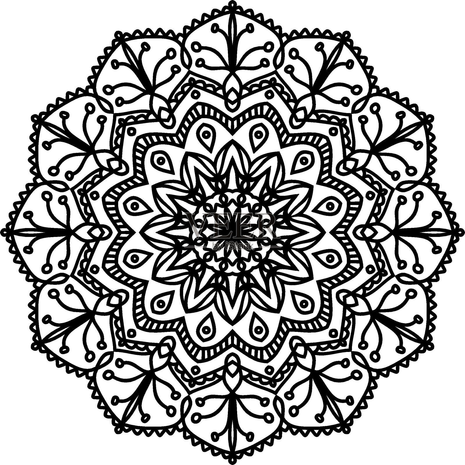 手绘着色曼荼罗。填色书页。布料设计元素，瑜伽标志，指甲花，纹身。插画图片素材