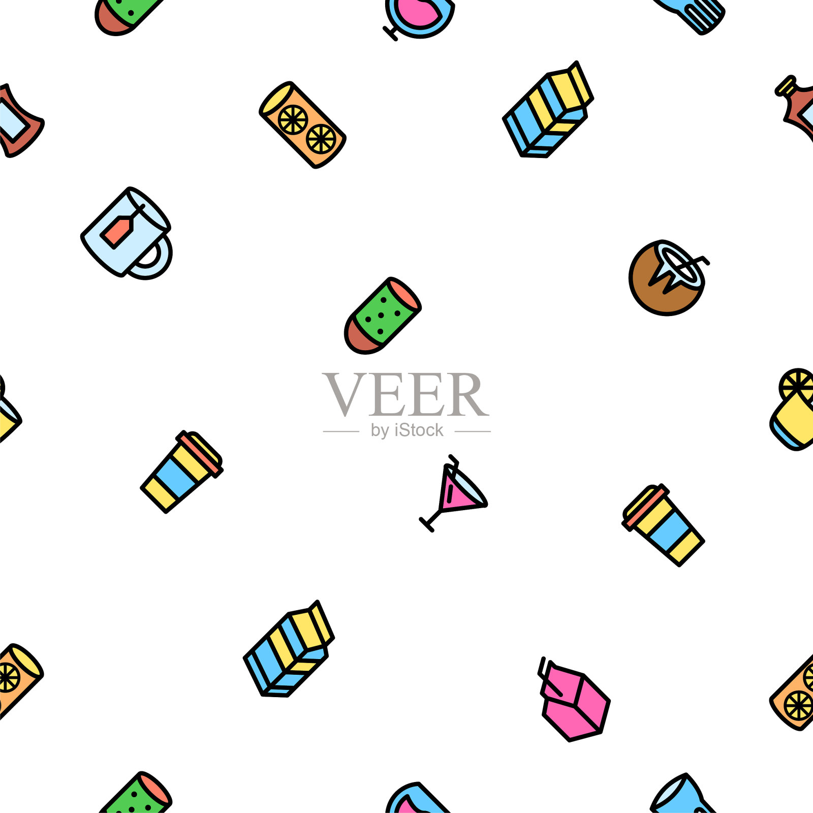 抽象涂鸦无缝模式手绘饮料饮料元素鸡尾酒酒精素描矢量设计风格的背景插图餐厅咖啡厅图标插画图片素材