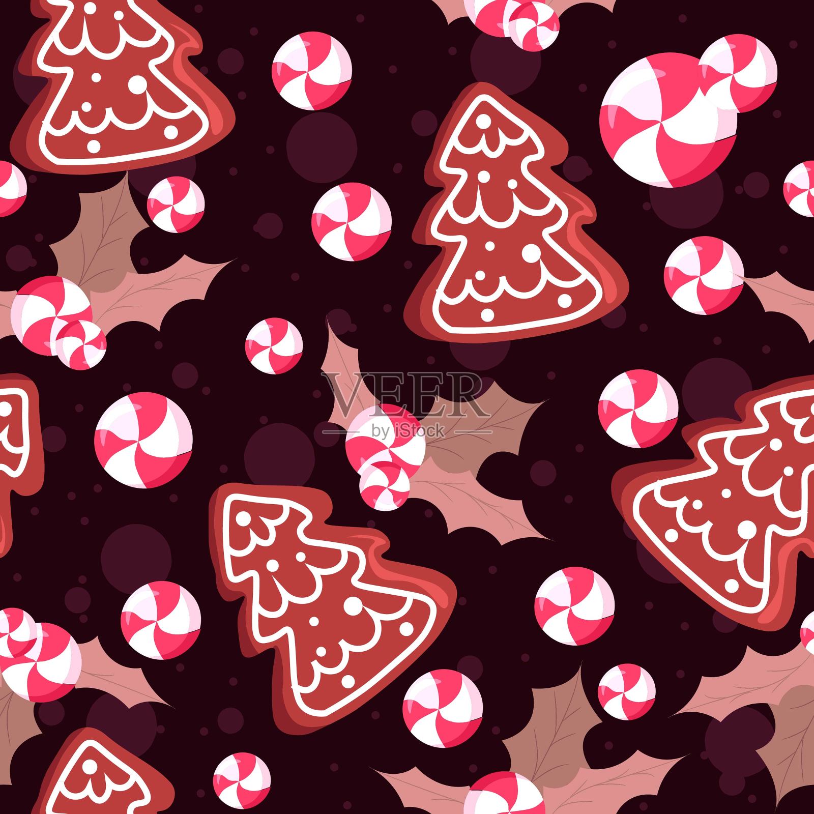 圣诞树姜饼配白色奶油糖霜和两种颜色的漩涡棒棒糖。无缝图案插图与槲寄生和树叶，饼干和糖果插画图片素材