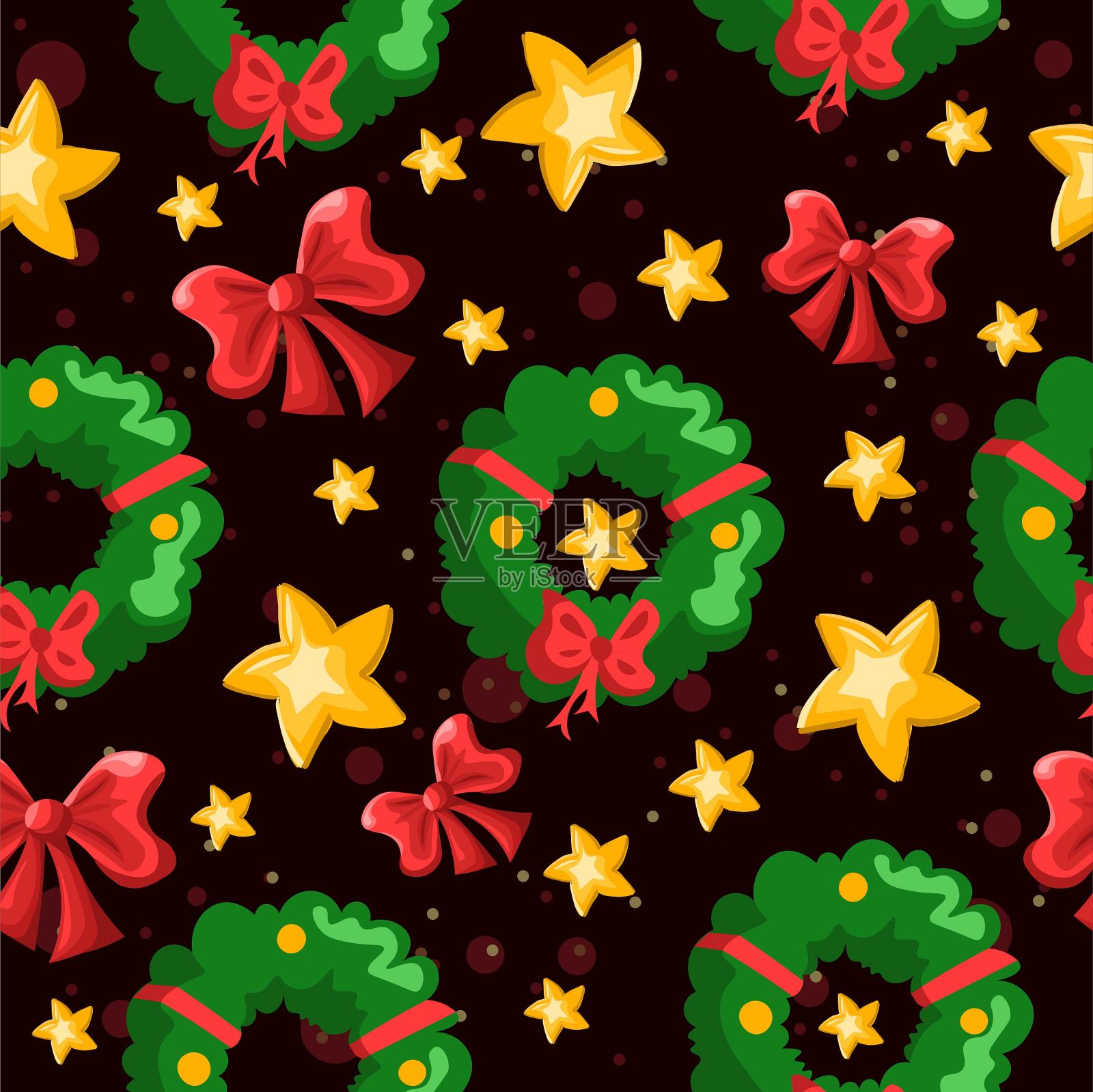 圣诞节无缝图案与绿色的松树花环，红色的蝴蝶结和黄色的星星。寒假重复的背景。插画图片素材