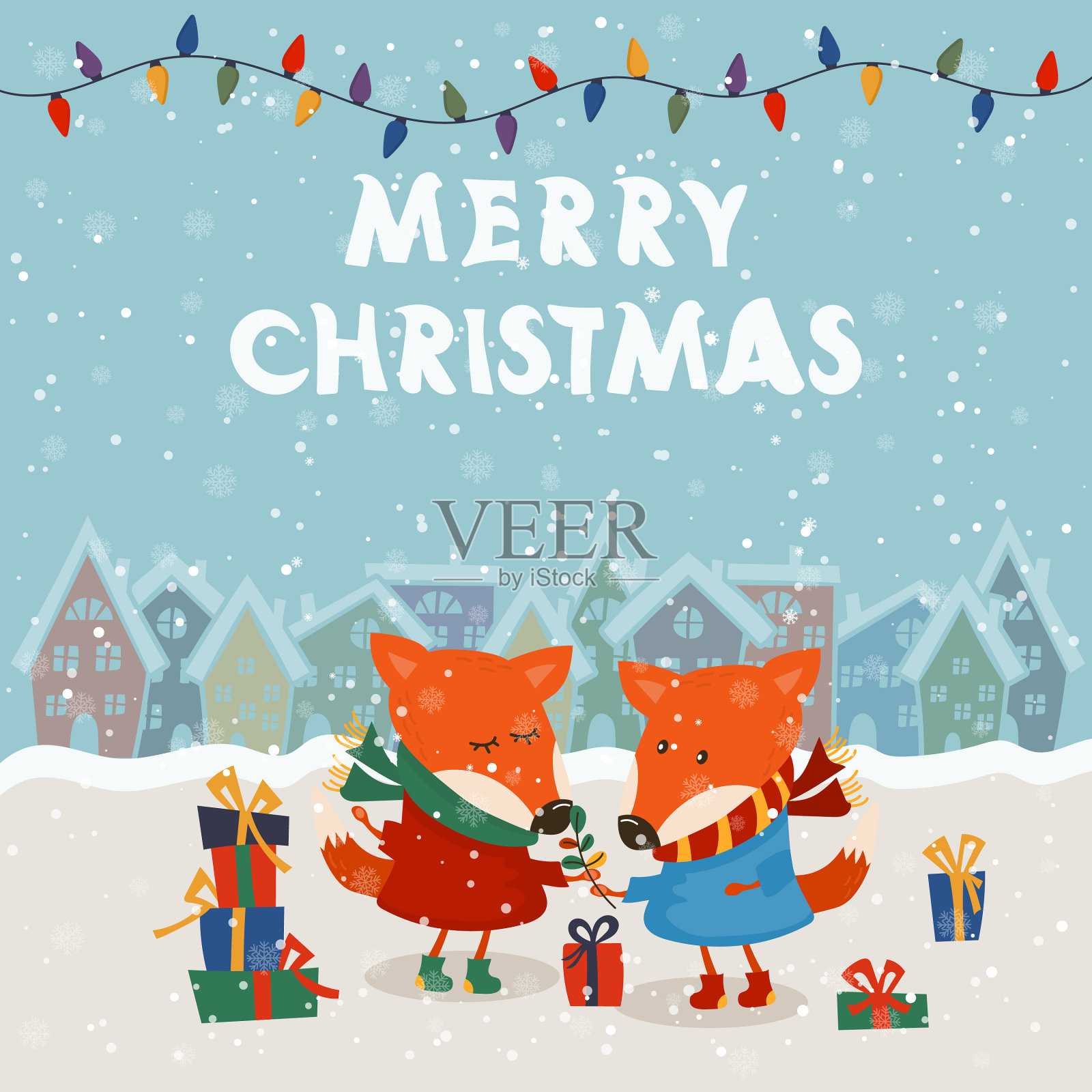 卡通节日主题与两只狐狸插画图片素材