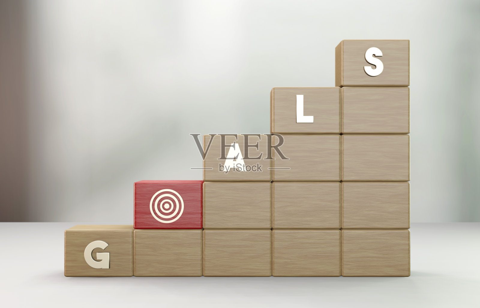 木制的立方体楼梯，靶心目标和目标信息照片摄影图片