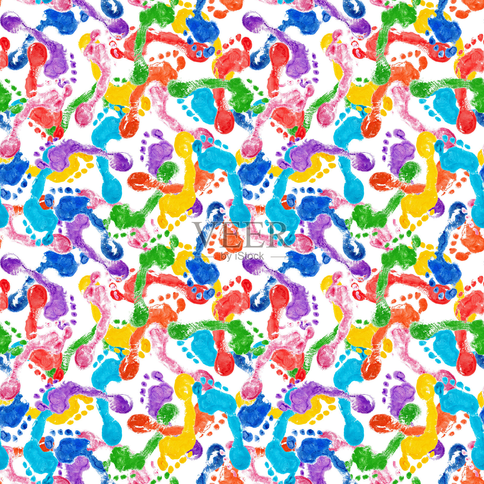 无缝图案多彩的人类脚印白色背景孤立，多色赤脚脚印重复点缀，混乱的脚印，明亮的光脚污渍，抽象混乱的艺术插图照片摄影图片