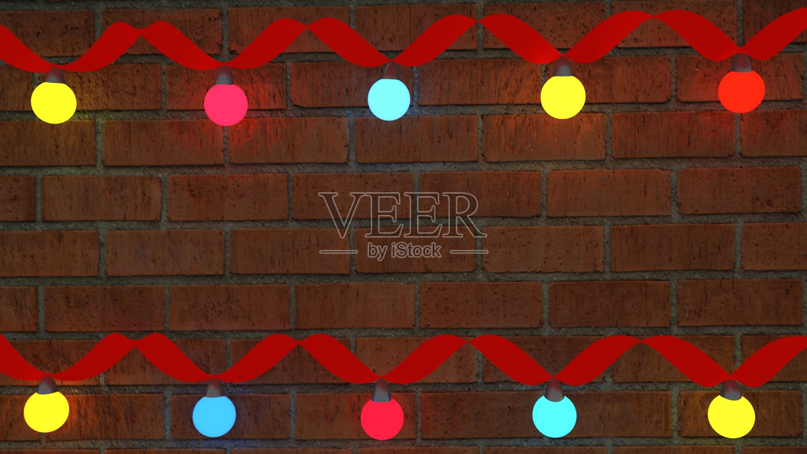 砖墙上挂着派对灯和彩带。3 d渲染。照片摄影图片