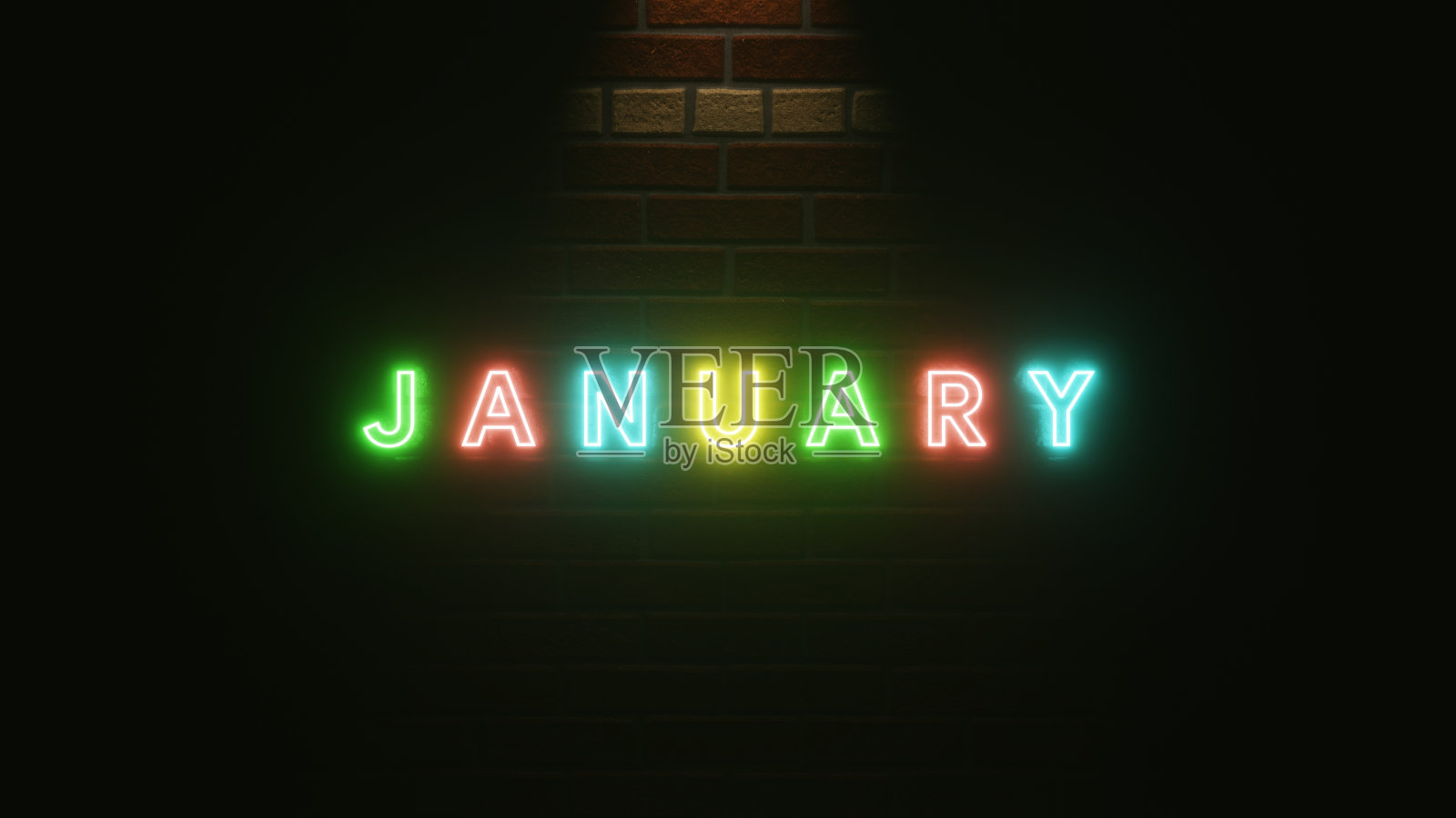 一月的文字霓虹灯光在砖墙上五颜六色的纹理。3 d演示呈现照片摄影图片