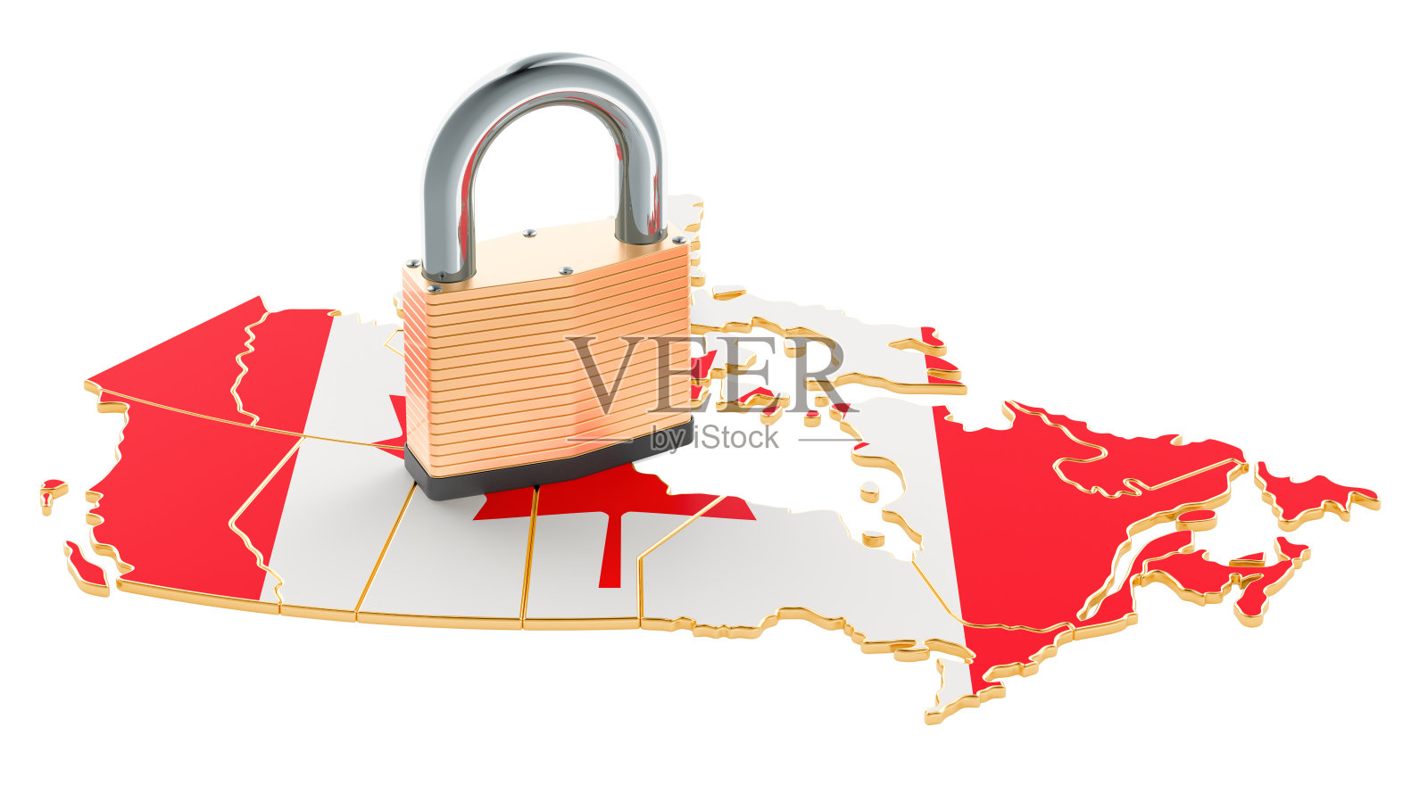 锁定在加拿大。带挂锁地图，边界保护概念。3D渲染孤立的白色背景照片摄影图片