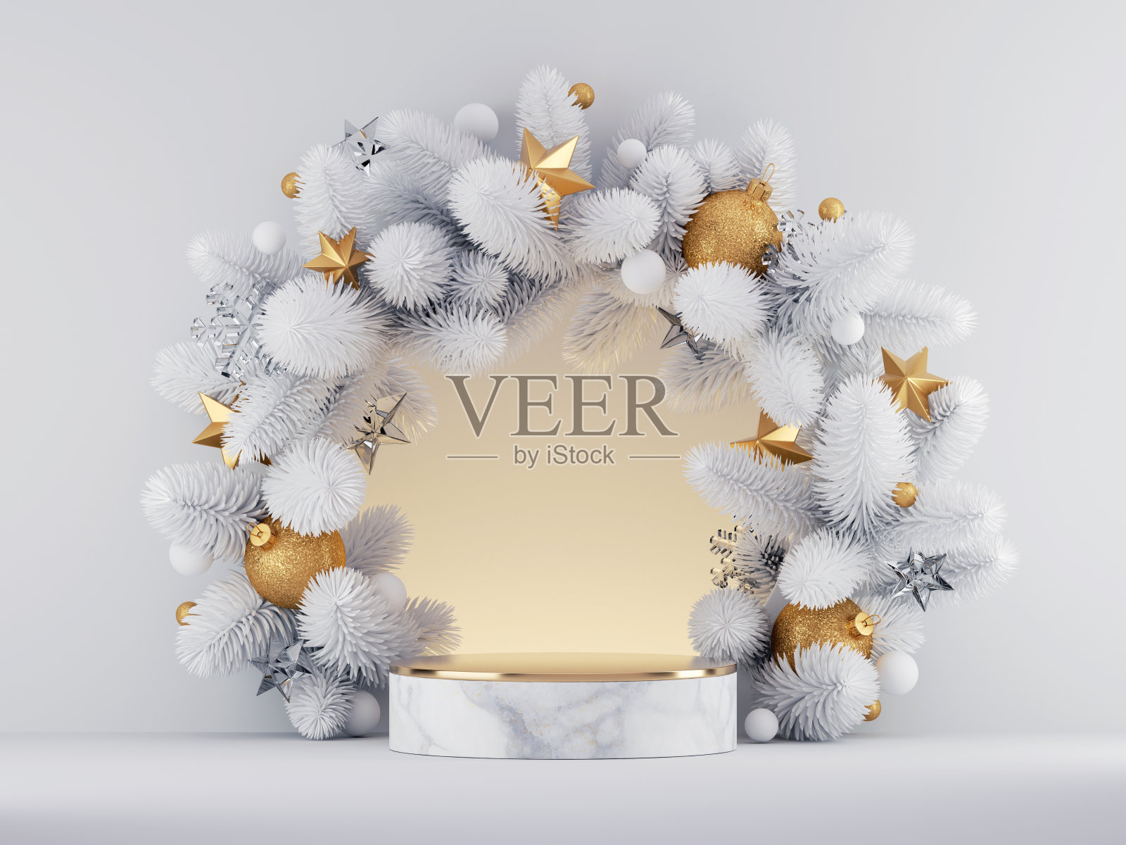 3d渲染，圣诞节白色金色背景与空大理石基座平台和圆形框架装饰冰冻云杉树枝和装饰品。产品展示的季节性展示模型照片摄影图片