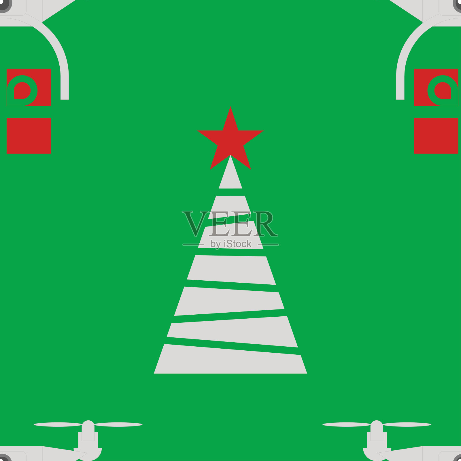 无穷无尽的四旋翼飞行器载着礼物靠近圣诞树造型的扁平插画图片素材