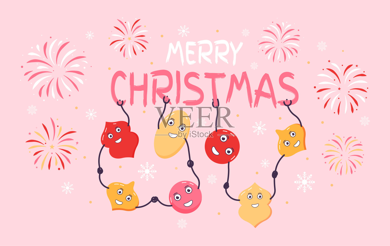 圣诞快乐球拿着圣诞快乐的题词。在雪花和烟花背景下。带有圣诞球和装饰的节日场景。圣诞快乐。节日快乐。插画图片素材