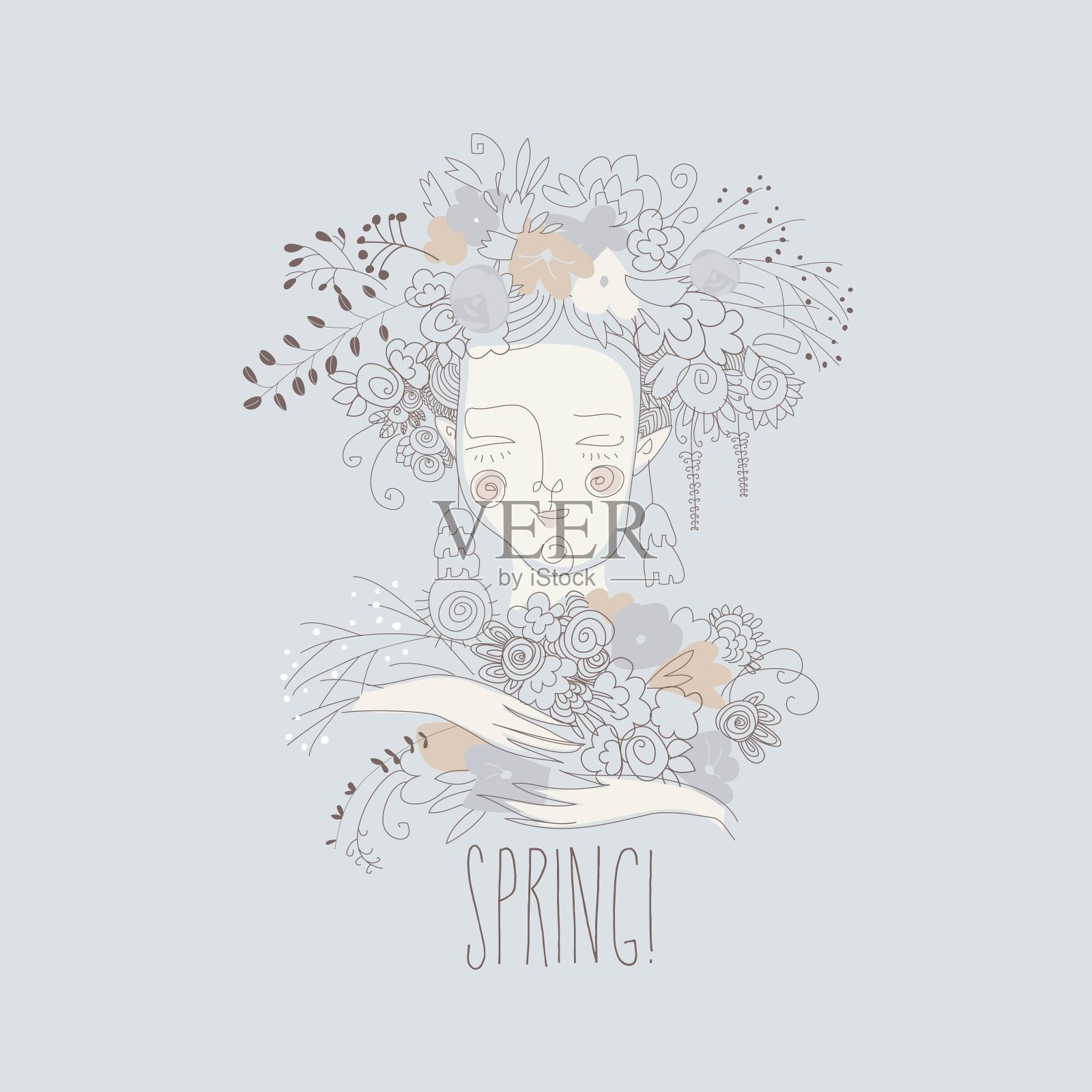 戴着花圈的可爱女孩。你好,春天插画图片素材