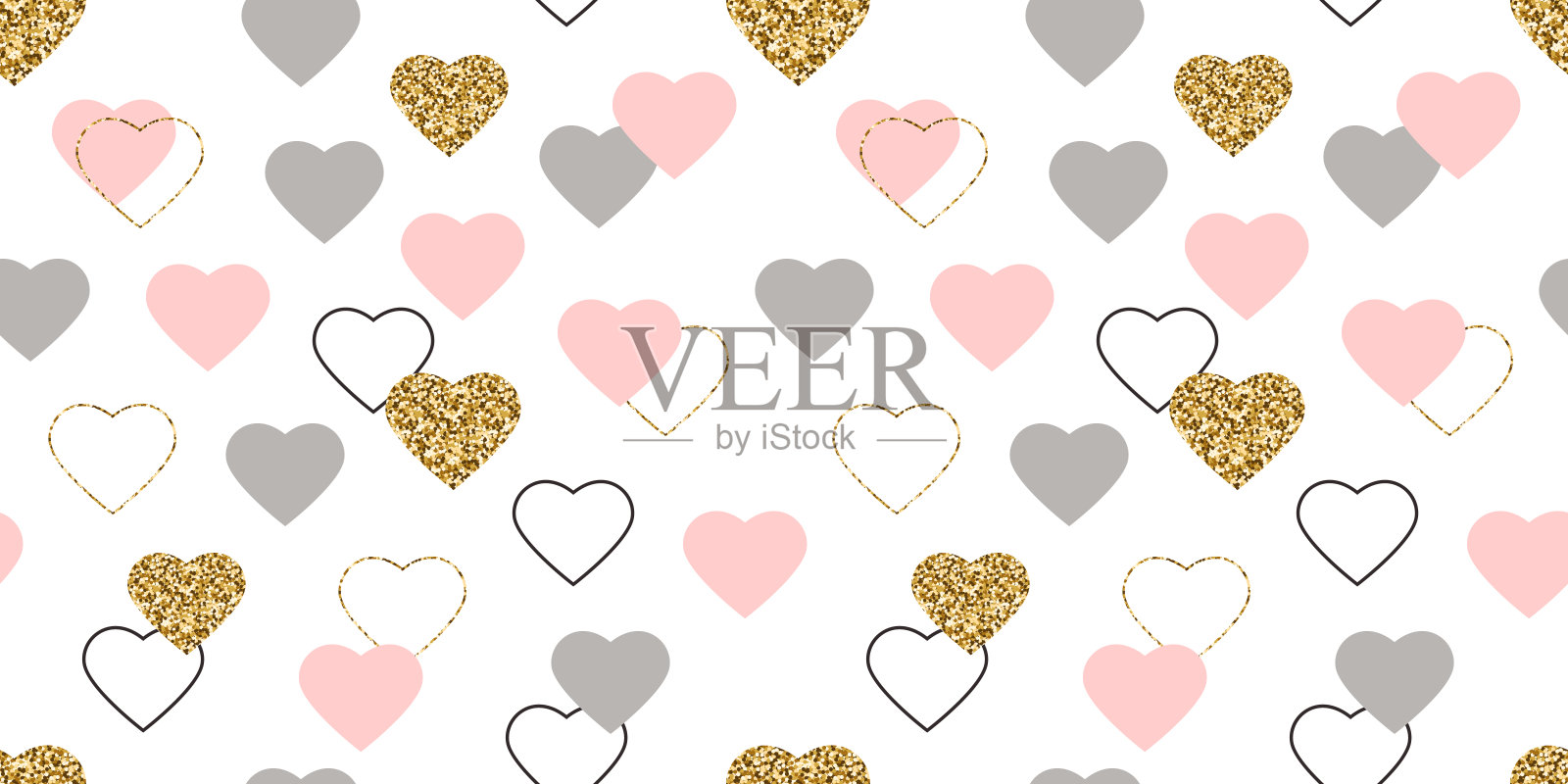 亮金色和粉红色的心无缝图案。庆祝活动框架。情人节的背景。鲜艳的心形彩纸。奢侈的贺卡。浪漫的壁纸设计。矢量图插画图片素材