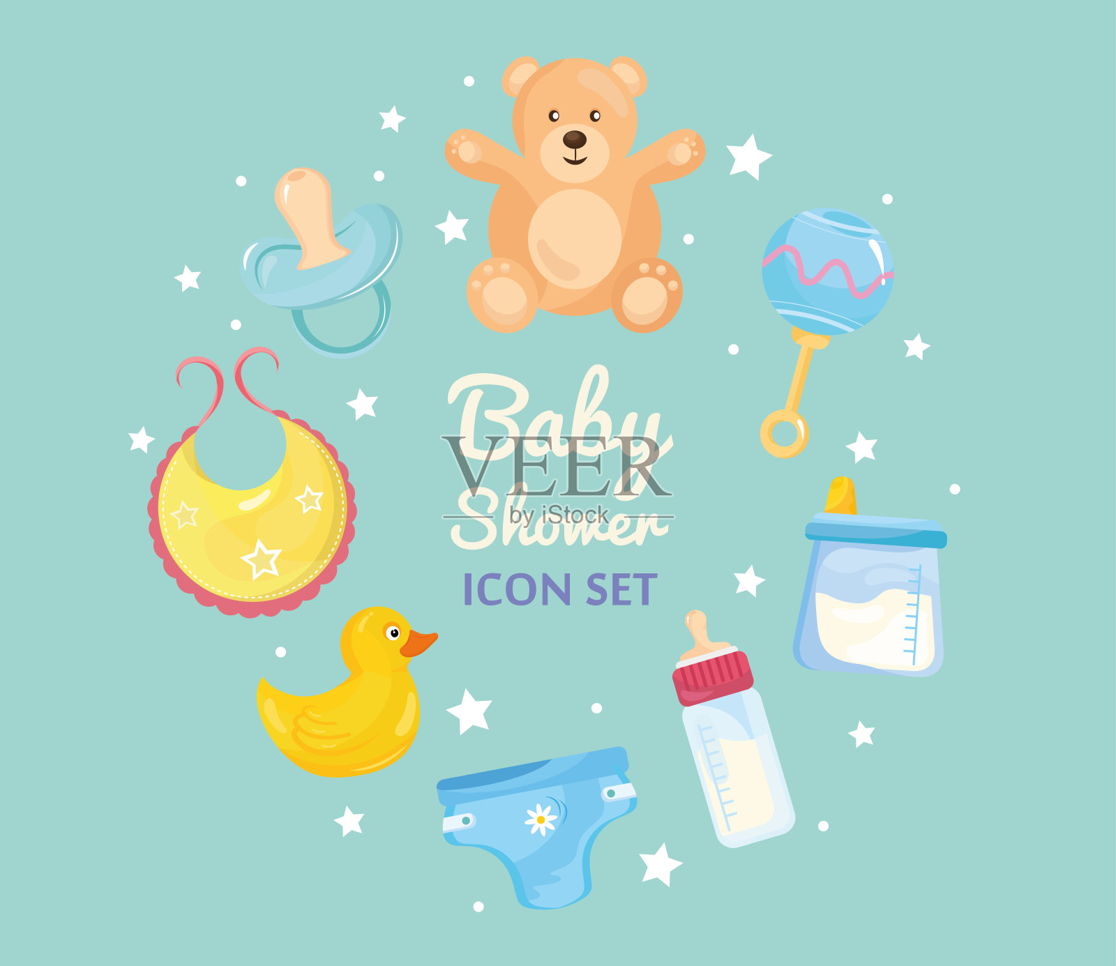 捆绑八个宝宝送礼会设置图标周围和字母插画图片素材