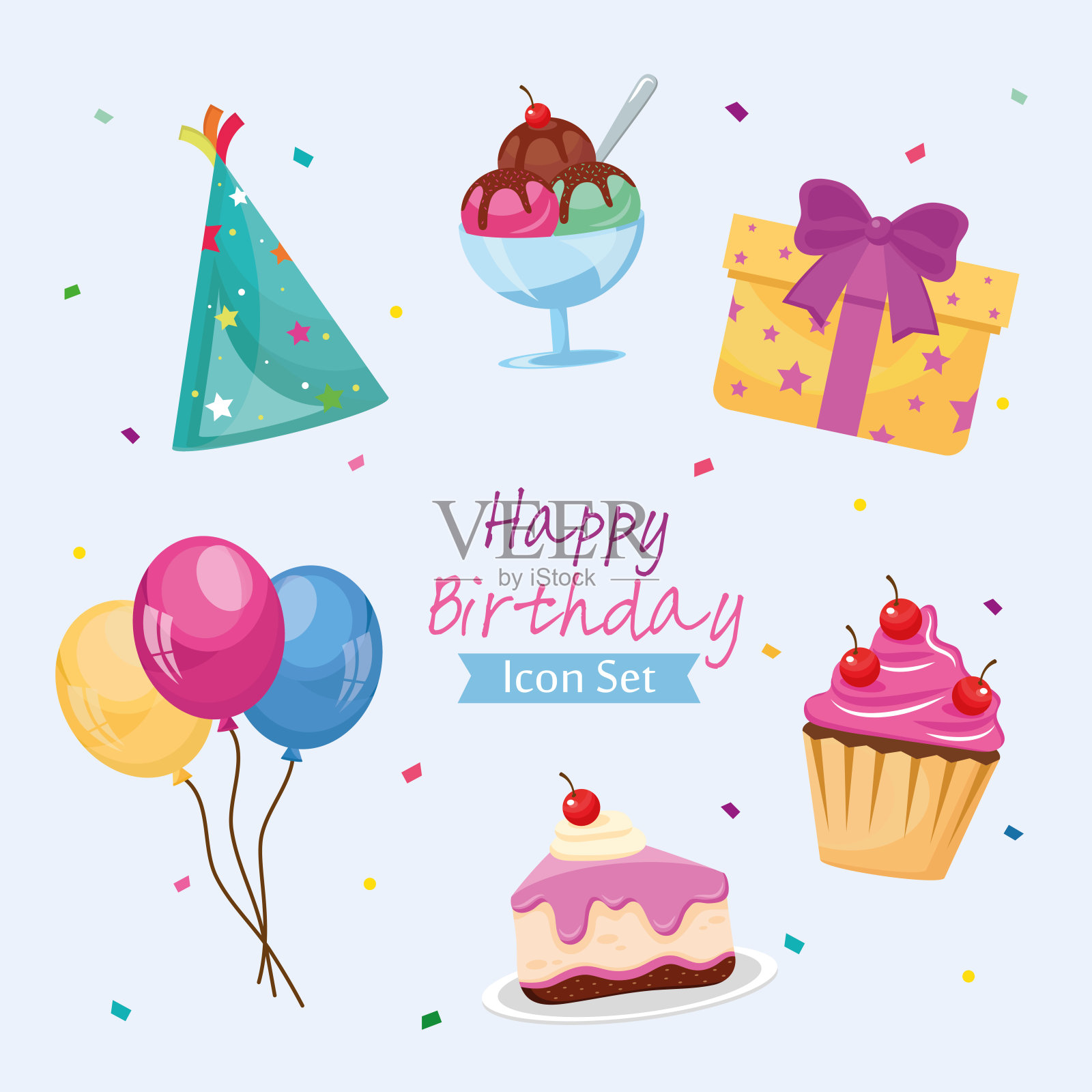 捆绑六派对生日设置图标和字母设计模板素材