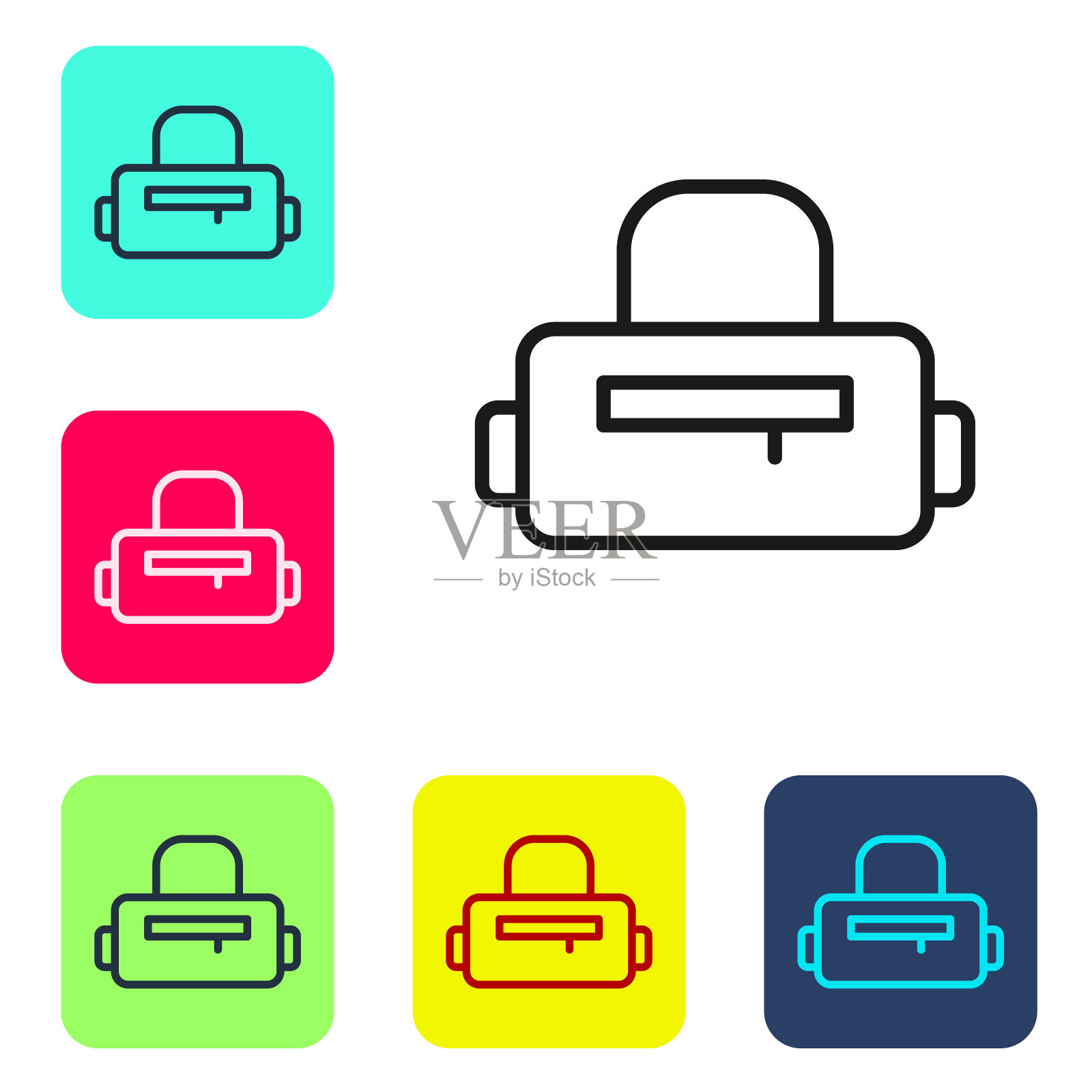 黑线运动包图标孤立在白色背景。设置图标为彩色方框按钮。向量插画图片素材