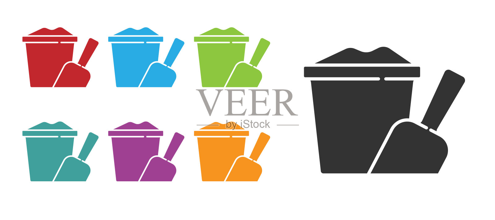 黑色的沙子桶铲子图标孤立在白色的背景。塑料小玩具。夏天图标。设置图标丰富多彩。向量插画图片素材