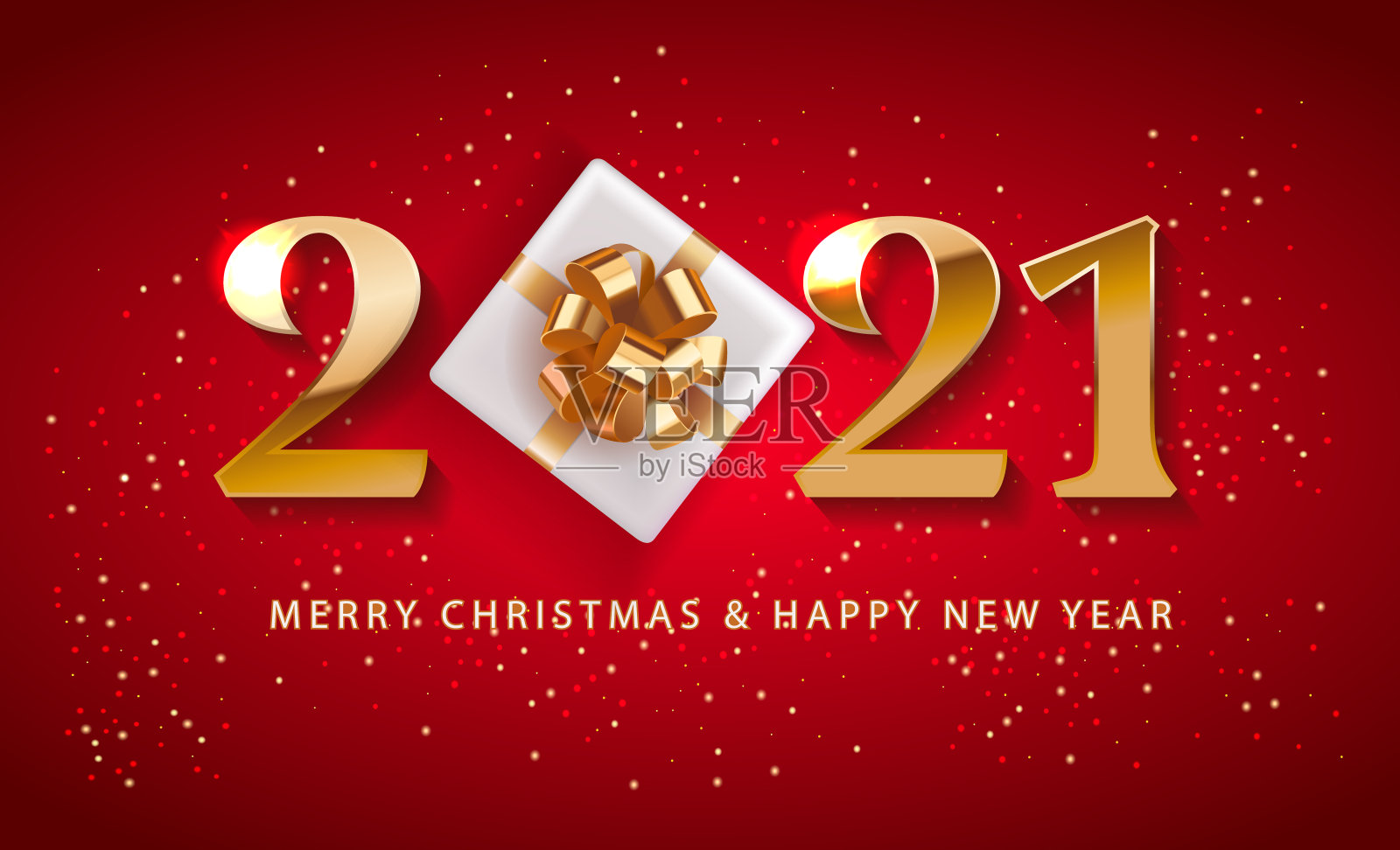 圣诞快乐和新年快乐2021数字标志促销海报或横幅与红色礼品盒，购物或圣诞促销在红色和金色风格。节日向量背景插画图片素材