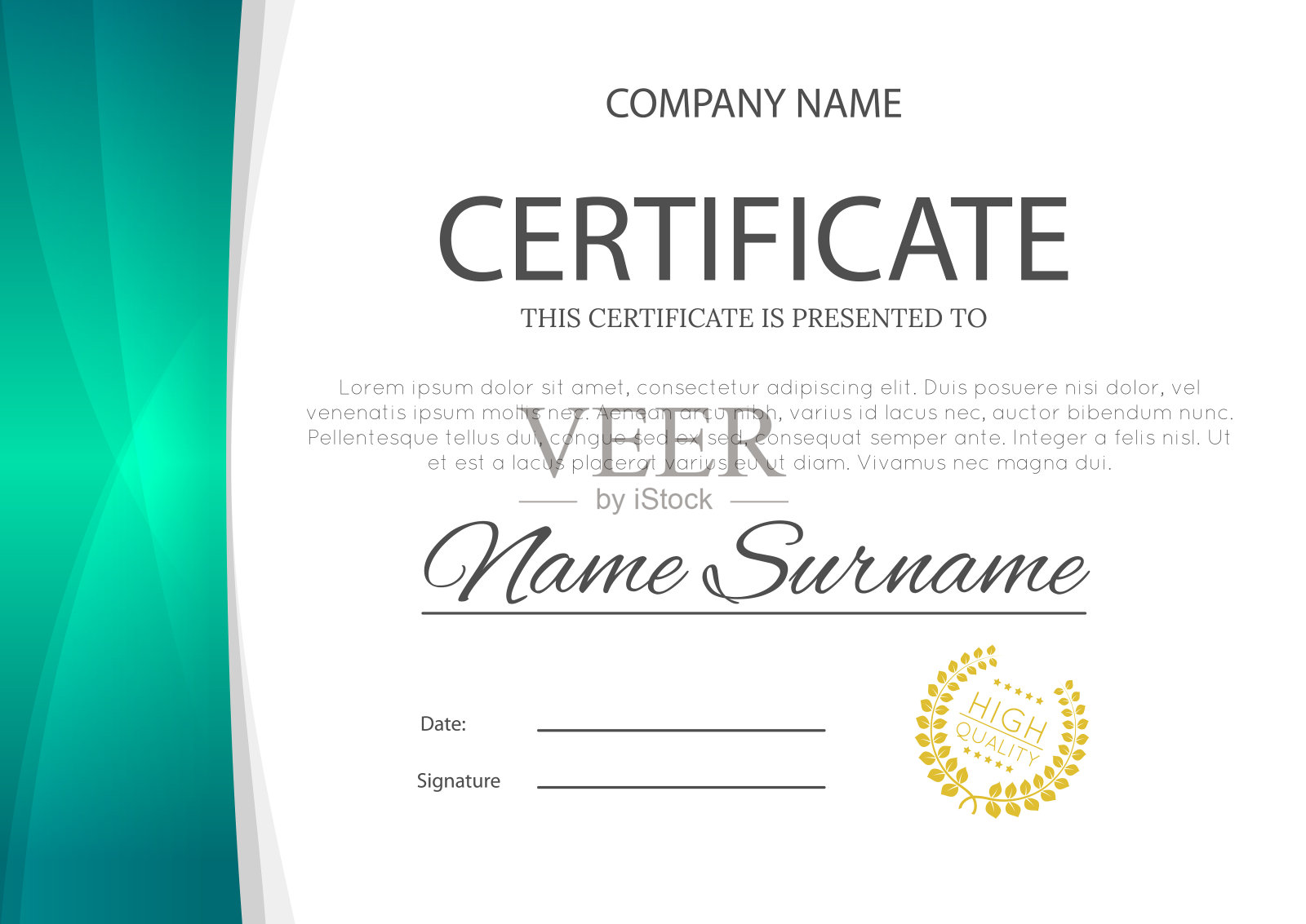 现代绿松石蓝色或绿色证书或文凭A4水平模板设计矢量插图模型。每股收益10设计模板素材