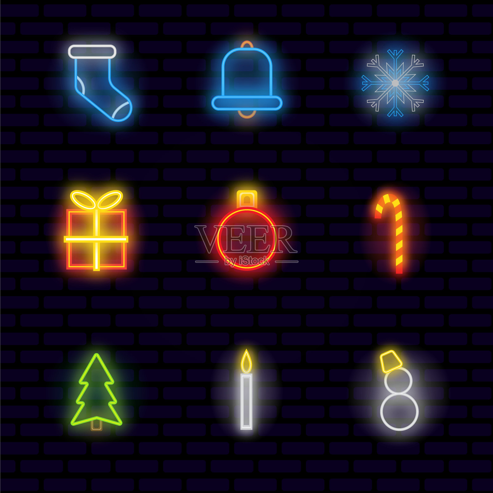 霓虹灯新年图标在黑暗的背景。向量。圣诞红绿白设计模板素材