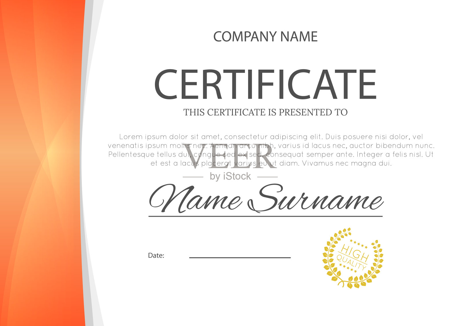 现代橙色颜色证书或文凭A4水平模板设计矢量插图模型设计模板素材
