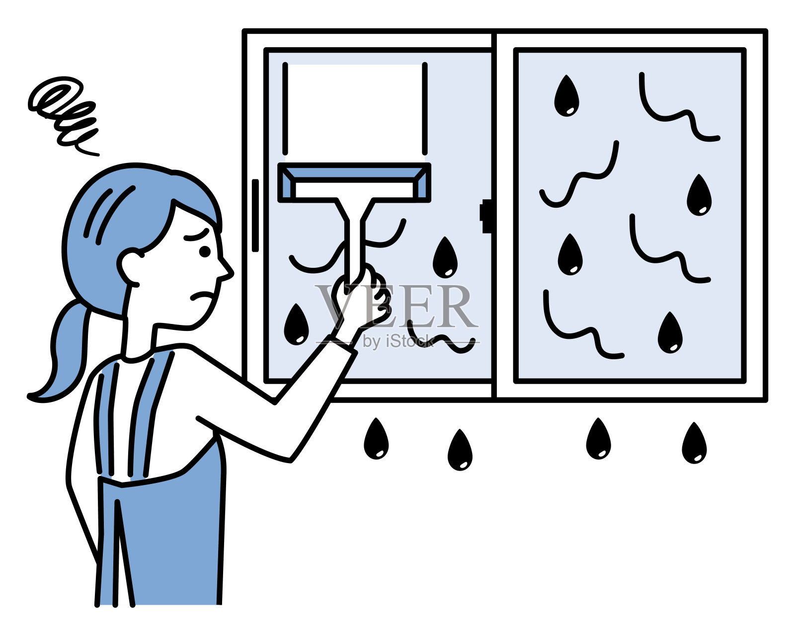 穿着围裙的女人挣扎着把窗户擦湿，有两种颜色的设计插画图片素材