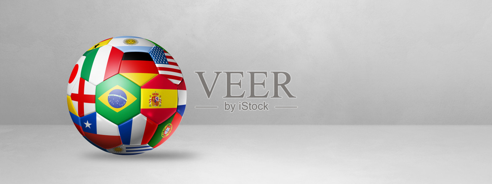 足球，在空白的工作室横幅上插着国旗的足球照片摄影图片