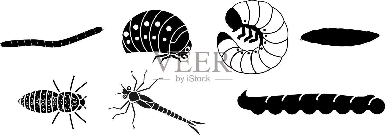 不同昆虫幼虫在白色背景上的黑色剪影设计元素图片