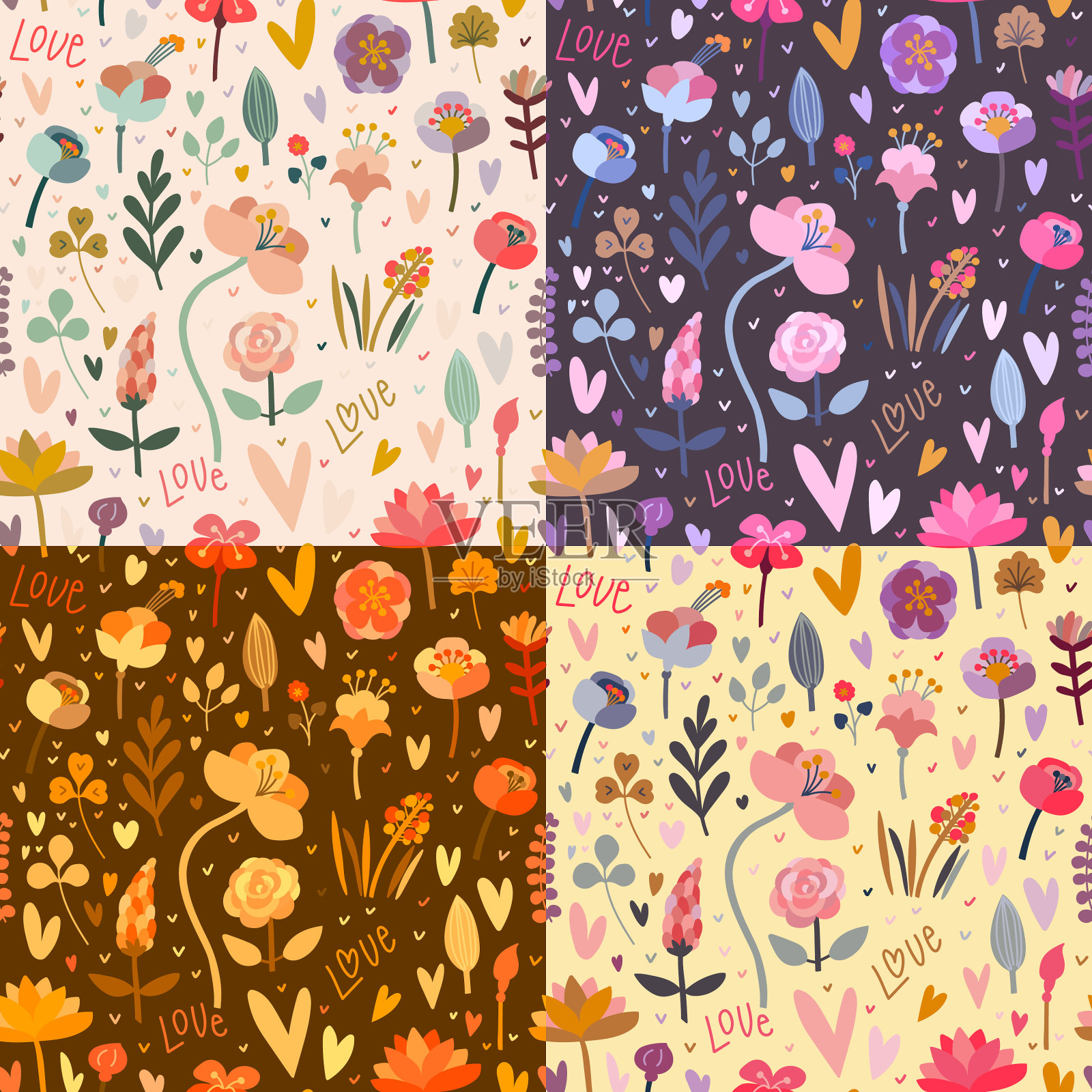 收集无缝花卉图案的背景，织物，包装纸。矢量插图与花，叶，字。爱。情人节，母亲节插画图片素材