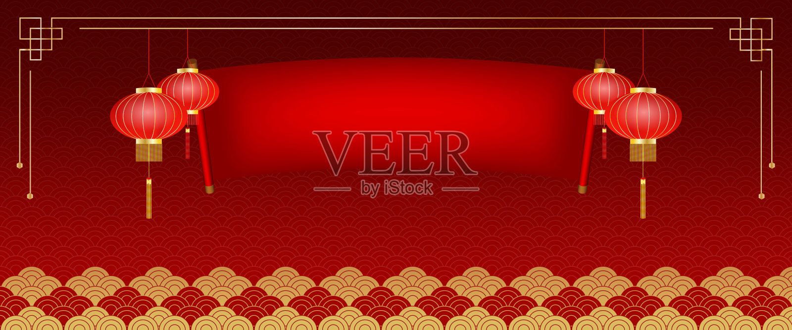 红色背景上的亚洲元素工艺风格banner和红色标签自由文本元素插画图片素材