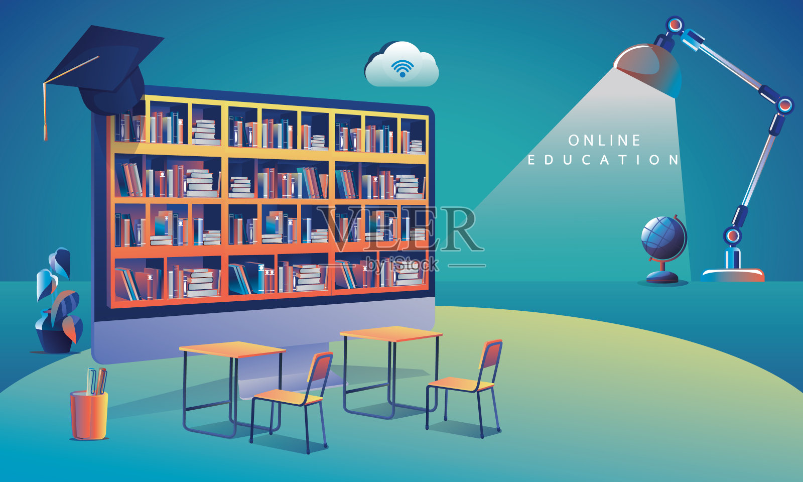 在线教育应用学习全球计算机，移动网站背景。社会距离概念书讲座铅笔。课堂培训课程，图书馆矢量插图平面设计插画图片素材